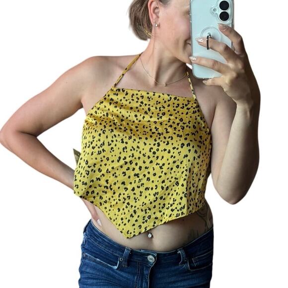 Le Lis Tops - Le Lis S Yellow Cheetah Animal Print Satin Handkerchief Halter Chiffon Crop Top